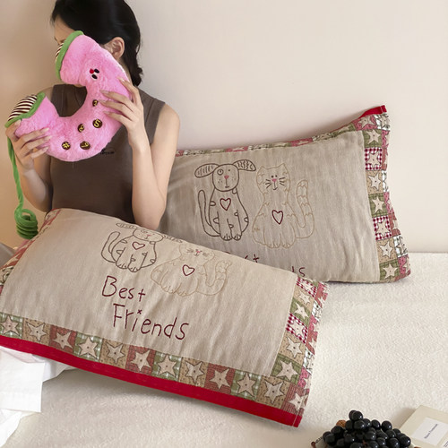 纯棉四层纱布枕巾一对装加厚全棉