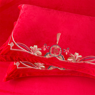 高克重刺绣加绒宝宝牛奶绒枕套一只装冬天大红色婚庆枕头罩枕芯套