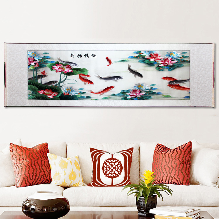 湘绣年年有余荷花 荷塘情趣 卷轴软裱 纯手工刺绣精品