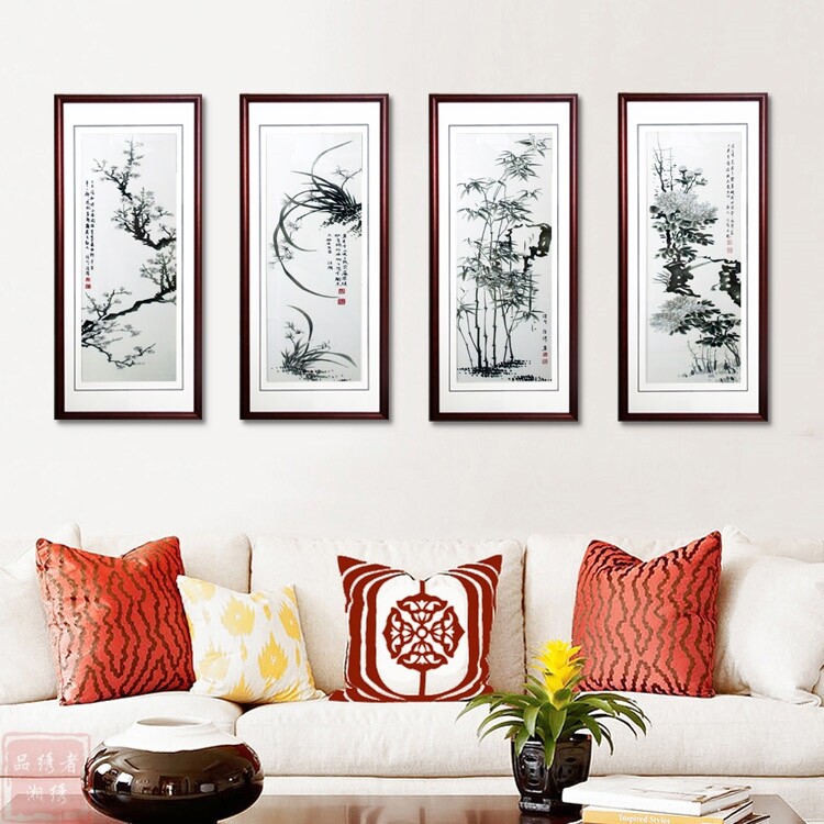 湘绣 梅兰竹菊 四条屏 清心素雅 手工刺绣 水墨画 居家厅堂装饰