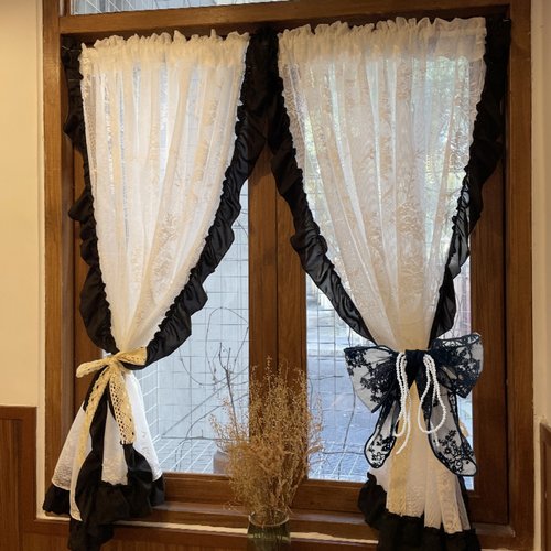 法式复古黑白色系蕾丝蝴蝶结小香风珍珠绑带窗帘扣绑绳系带扎束带