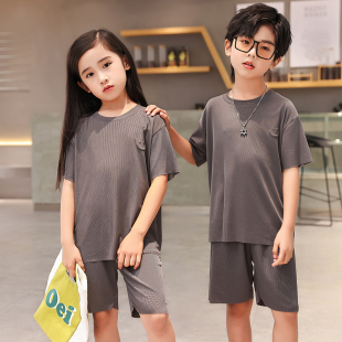 儿童女男孩夏款 中大童薄款 短裤 冰丝短袖 夏天家居服套男童睡衣夏季