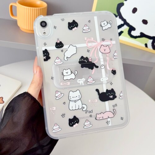带支架彩绘软壳ipad11代保护壳小众ins黑白小猫KT2025款A16平板保护套air7轻薄11寸M3第9代10.2寸无盖mini5/4