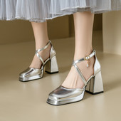 银色玛丽珍鞋 跳舞高跟凉鞋 女粗跟一字扣防水台高跟鞋 演出走秀单鞋