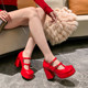 单鞋 跳舞走秀表演红色漆皮玛丽珍鞋 女粗跟方头双扣带厚底高跟鞋 大