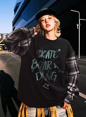 孤品清仓不退换！Badass Babe高级图案拼接格纹好看更好穿长袖T恤