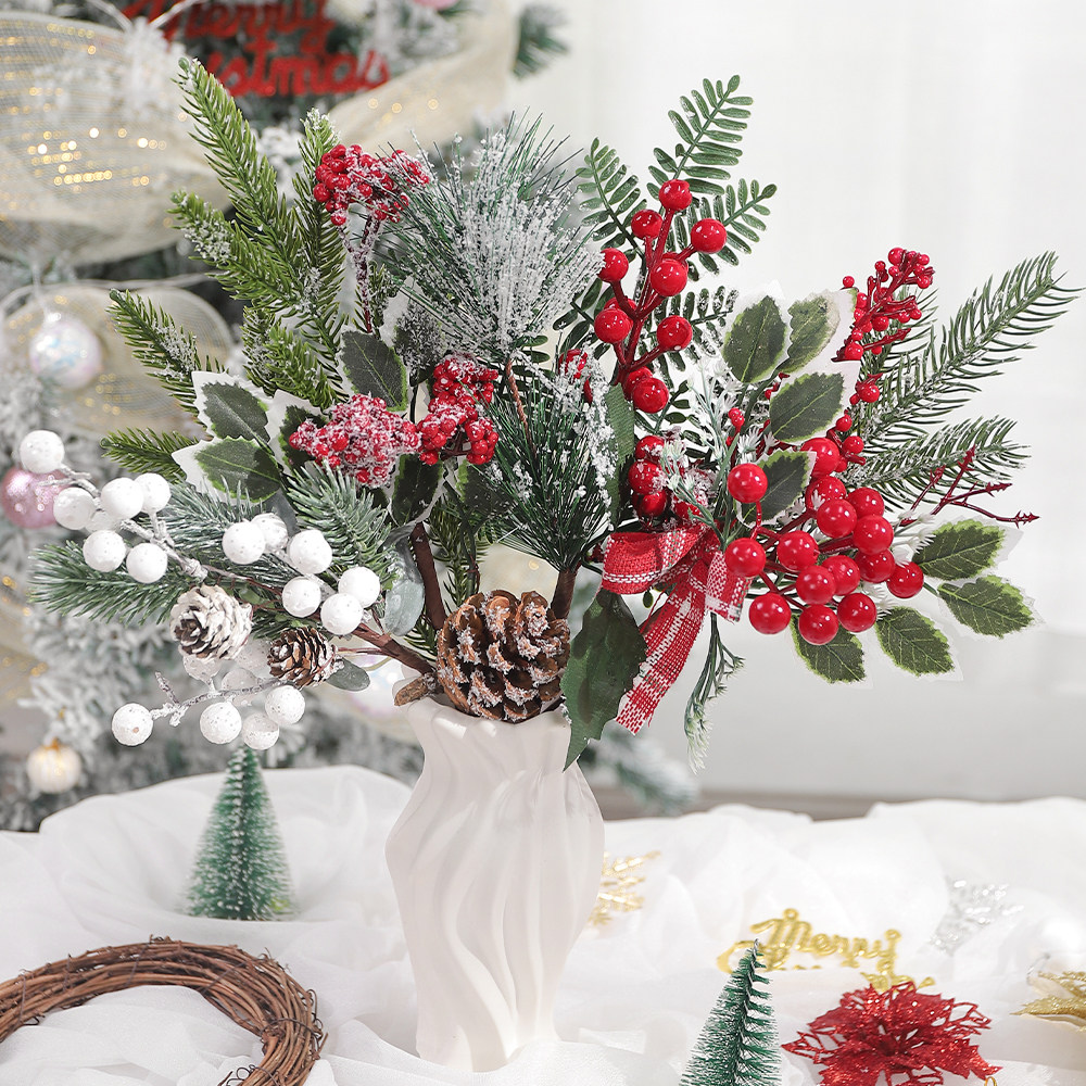 圣诞红果松果仿真花花束装饰