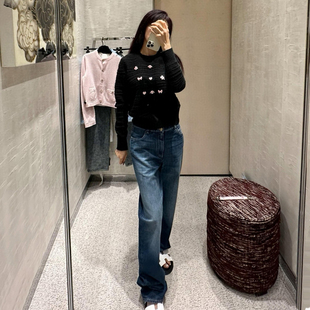 DPH NICE提花拼接腰头直筒牛仔裤女显瘦高级感小香风九分烟管裤春