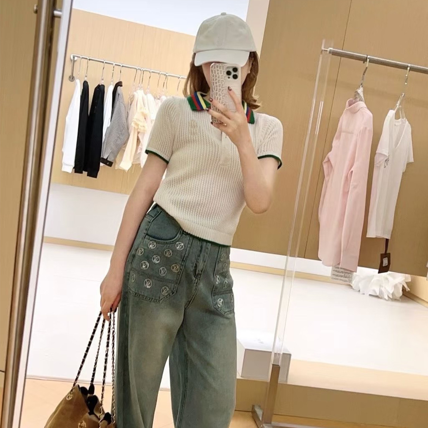 DPH NICE彩虹条纹镂空套头短袖T恤女夏POLO领短款刺绣高级感上衣