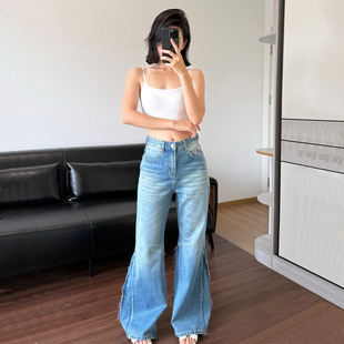 DPH NICE拼接微喇毛边牛仔裤女秋季设计感时尚高腰显瘦阔腿长裤