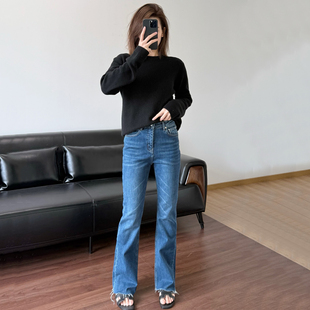 DPH NICE开春加绒微喇牛仔裤女高腰显瘦弹力高级感通勤阔腿长裤子