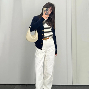 DPH NICE三色皮标直筒牛仔裤女早春新款高腰显瘦百搭高级阔腿长裤