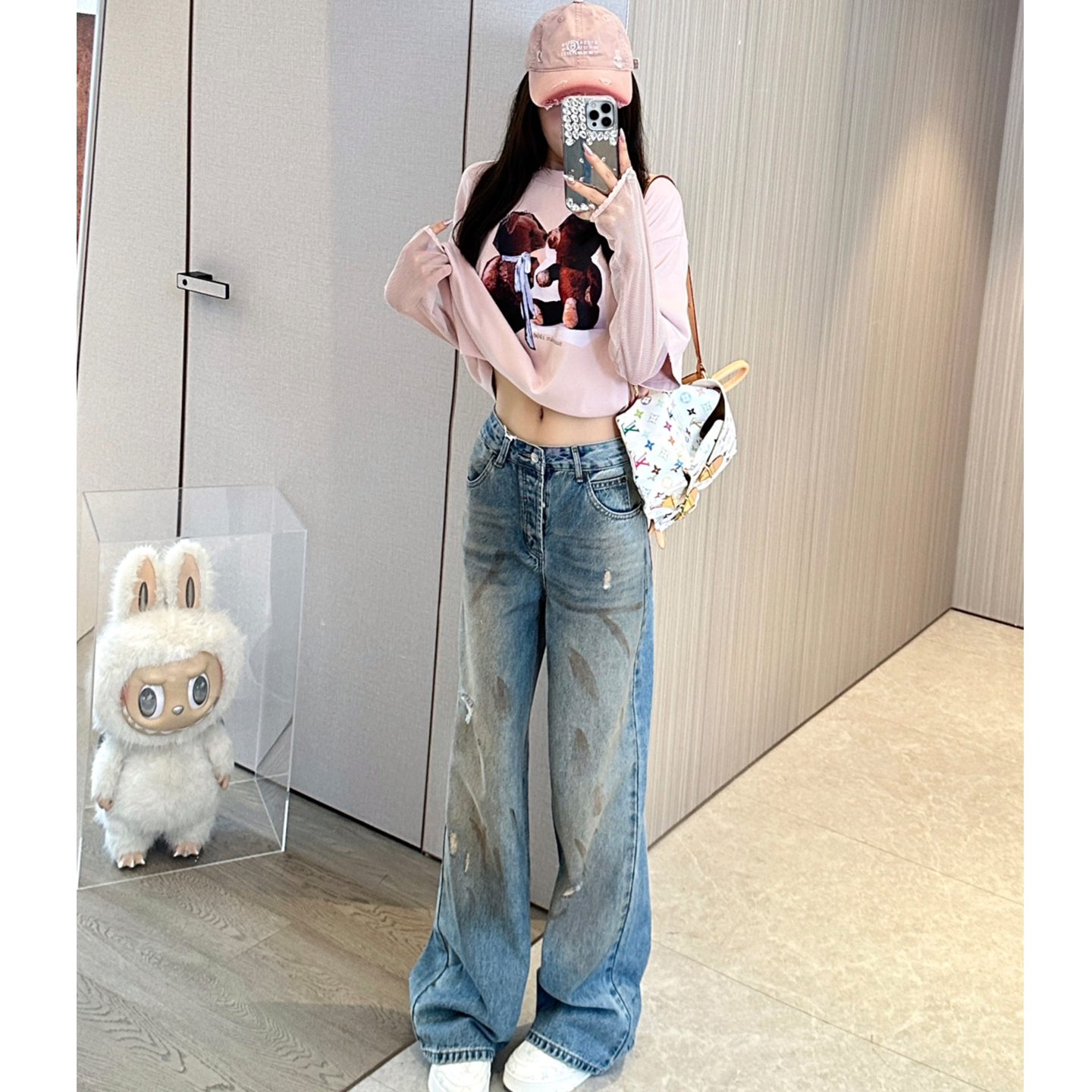 DPH NICE拼色皮口袋做旧阔腿牛仔裤女高腰显瘦复古脏脏裤秋直筒裤