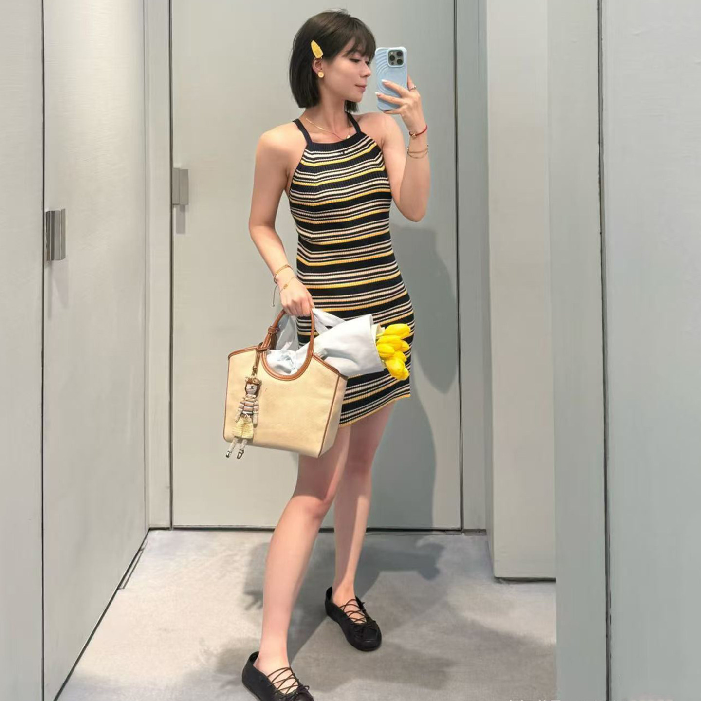 DPH NICE条纹背心吊带针织连衣裙女字母刺绣镂空系带包臀短裙夏季