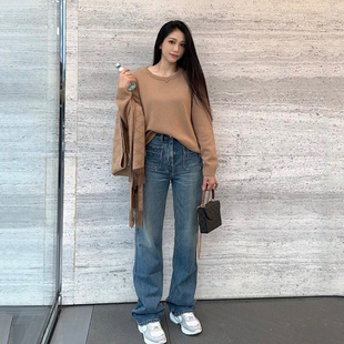 DPH NICE口袋吊坠直筒牛仔裤女高腰显瘦窄版设计感小众凯旋门长裤