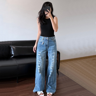 DPH NICE钢琴多破洞直筒牛仔裤女高腰显瘦设计感小众阔腿长裤春季