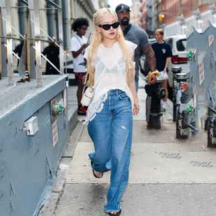 DPH NICE朴彩英同款破洞直筒牛仔裤女高腰显瘦老钱风阔腿裤秋季