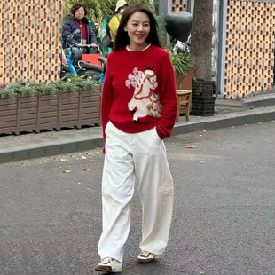 女高腰显瘦高级感小众长裤 春 NICE简约白色拼接弯刀阔腿牛仔裤 DPH