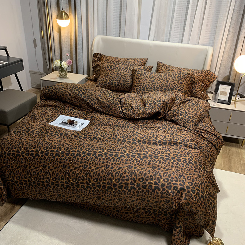 欧美全棉60支长绒棉豹纹四件套北欧风咖啡色纯棉简约1.51.8米床品