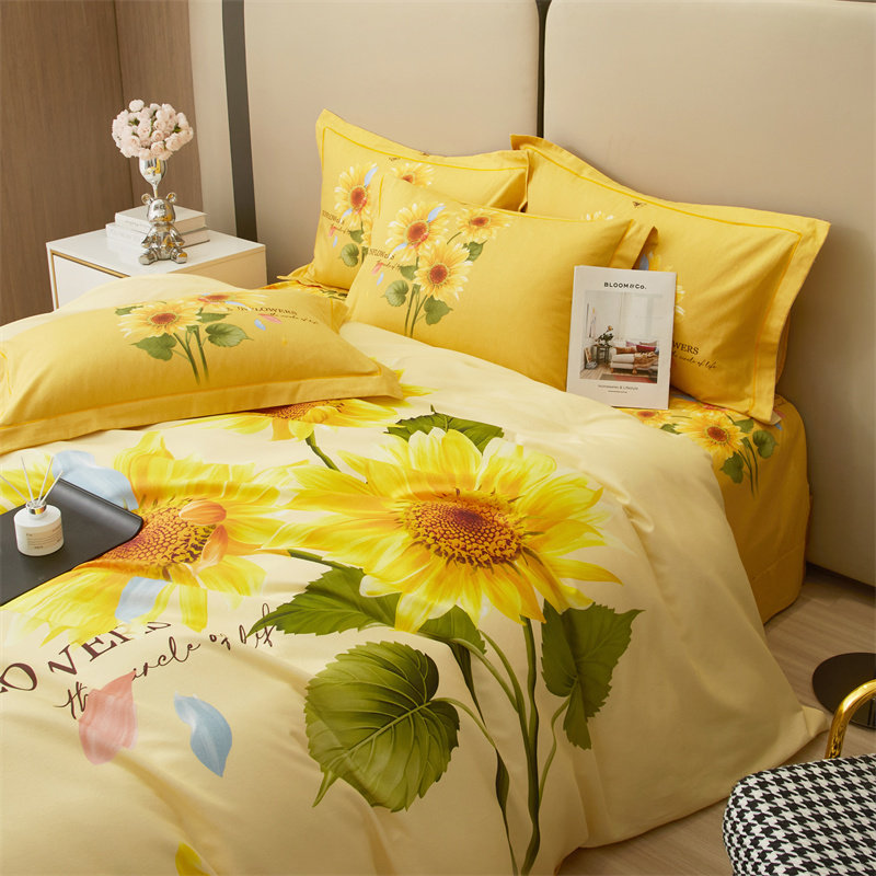 全棉3d立体印花床单四件套纯棉向日葵花被套田园大版花床上用品