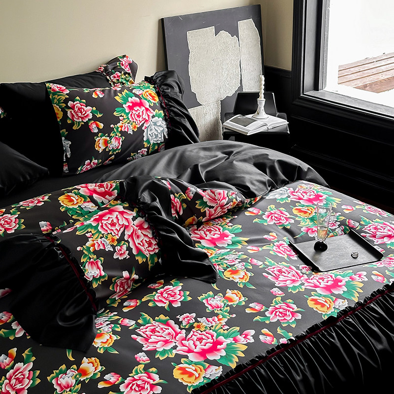 东北大花100支长绒棉数码印花全棉大牡丹四件套黑色花边1.8米床品,床上用品,床品套件/四件套/多件套,淘宝优惠券,粉丝福利购,淘宝优惠卷