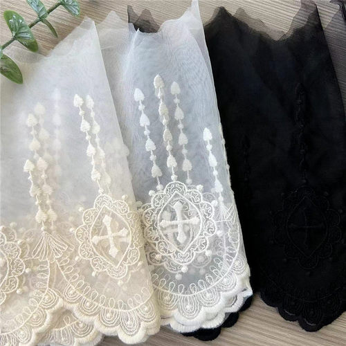 宽18cm米杏波浪边网纱刺绣蕾丝花边DIY服装辅料流心坠落圣洁十字