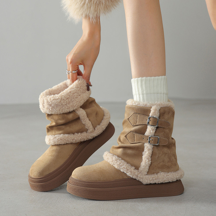 韩版皮带扣厚底雪地靴加厚加绒