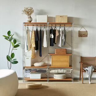 日式极简实木步入开放式衣帽架家用不锈钢卧室衣帽架多功能收纳架