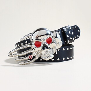 2026新款暗黑风大骷髅女士皮带腰带万圣节个性裤带扣头铆钉朋克女