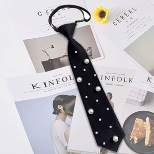 新款珍珠领带女款黑色水钻免打懒人领带衬衫配搭ins潮人领带亮片