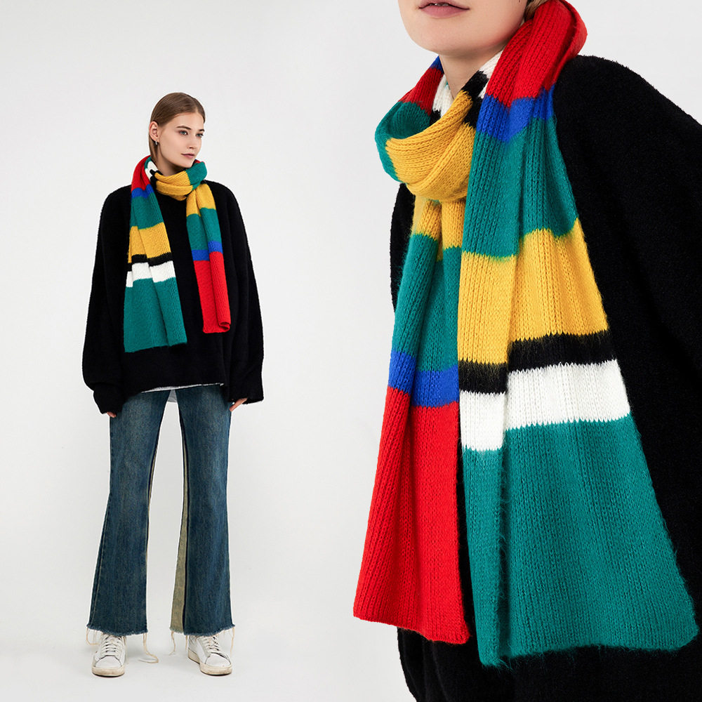 秋冬季新款彩虹撞色拼接条纹针织围巾女高级感英伦风保暖围脖韩版