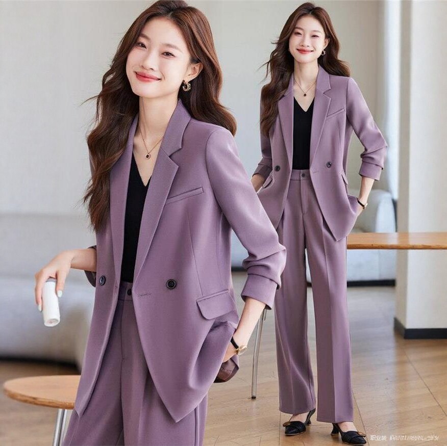 紫色西装外套女春秋直筒型阔腿裤职业装气质女神范高端套装工作服