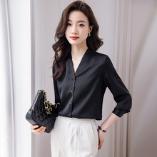 衬衣女长袖上衣黑色春秋季新款职业气质V领女神风工作服打底衬衫