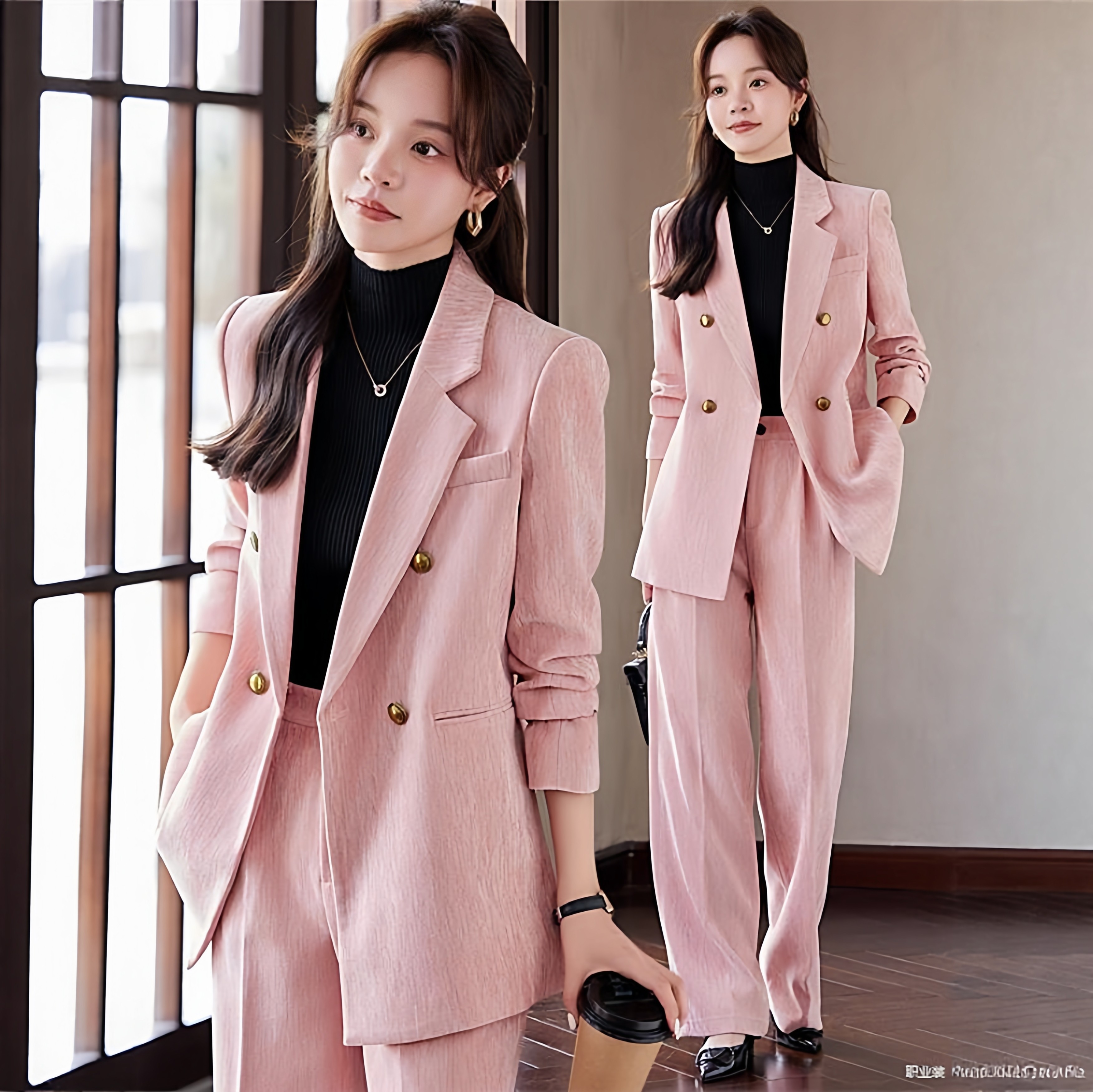 粉色西装套装女春秋高级感宽松气质女神通勤双排扣宽松小西服正装