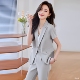 女夏季 套装 薄款 气质OL上班服西服长裤 轻奢灰色短袖 两件套装 西装