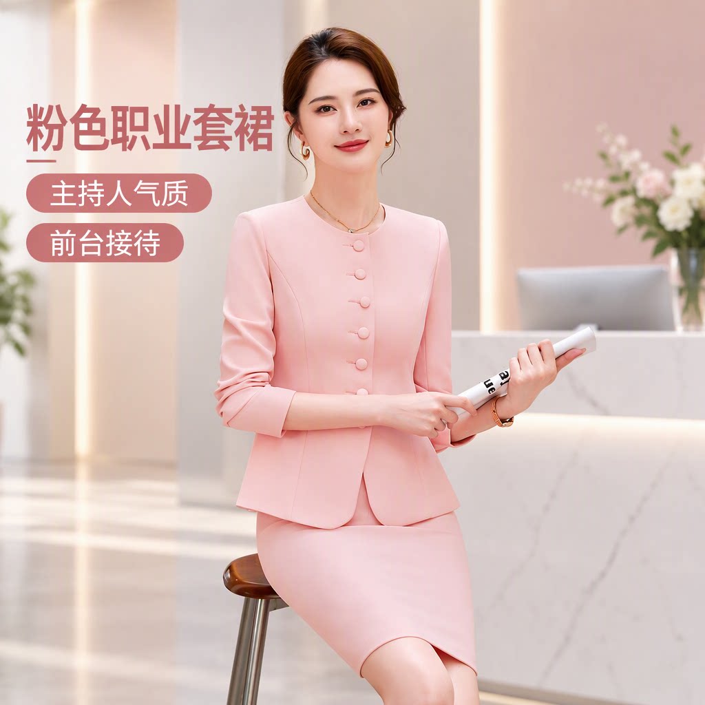 美容院粉色职业西装套裙高级感