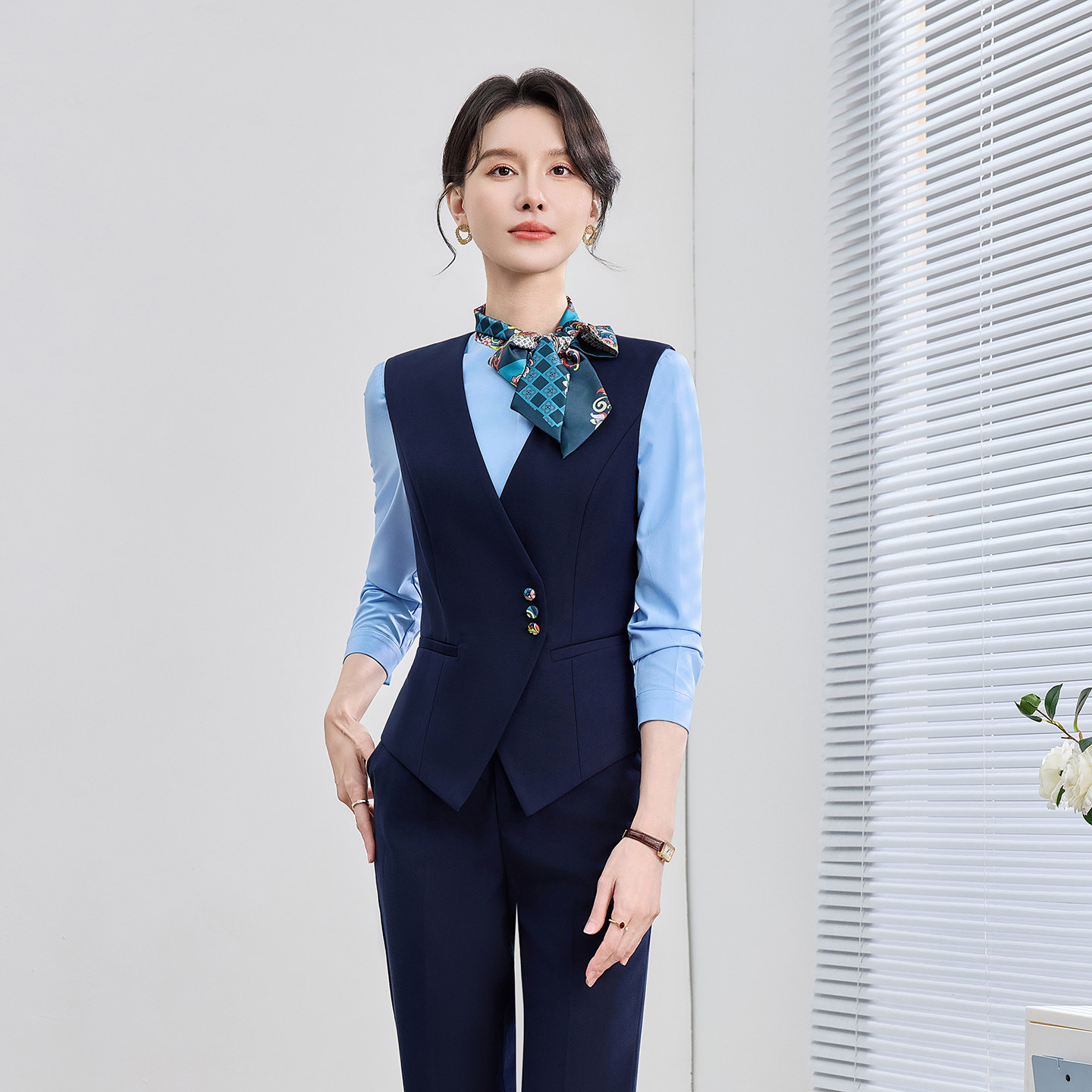 深蓝色马夹商务风无领西装马甲女职业正装高档气质前台气质工作服