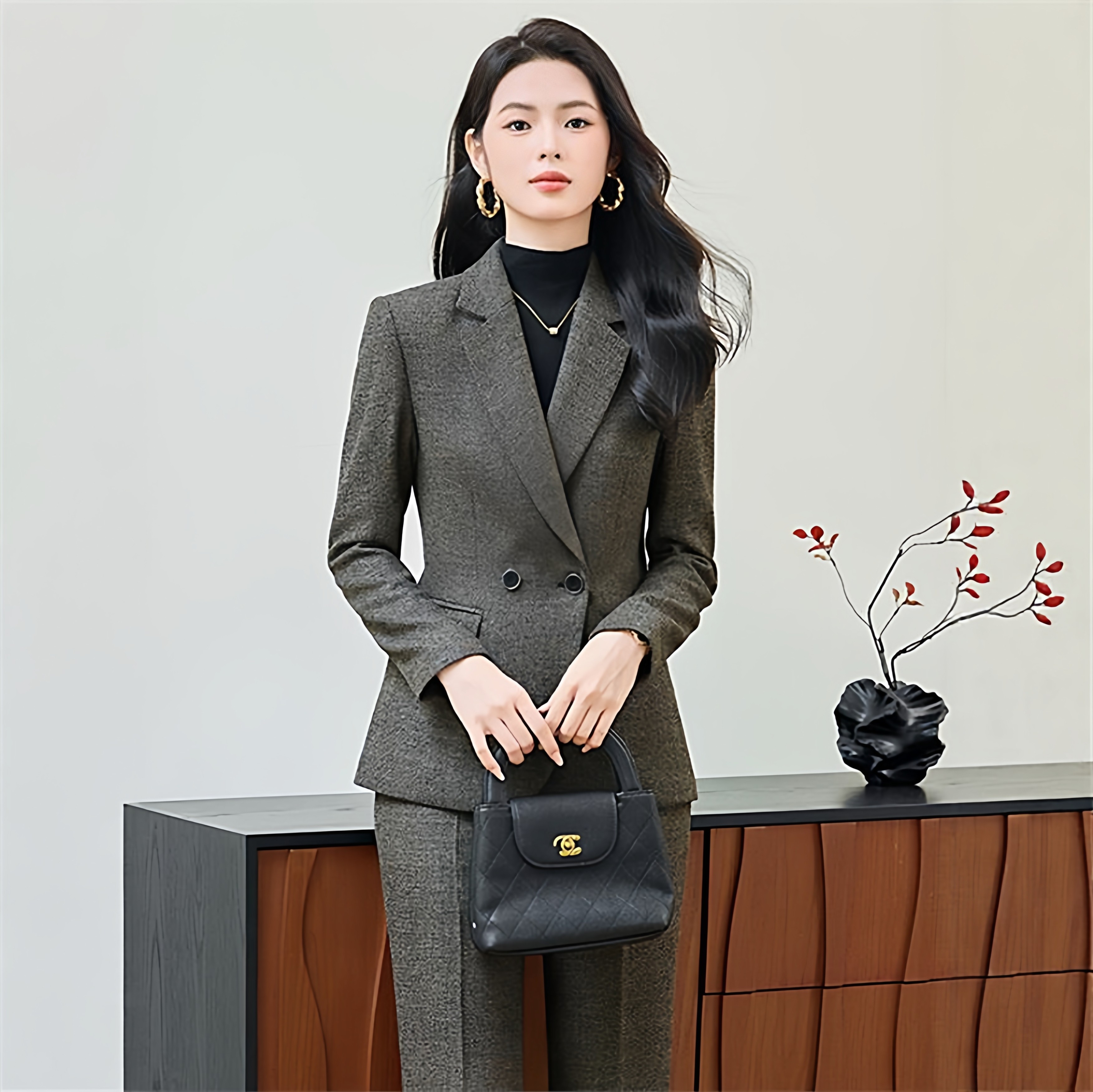 灰色西装套装女春秋天毛呢修身职业正装法式收腰气质羊毛西服外套