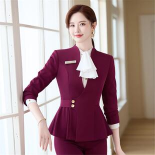 秋冬职业美容院女足疗馆西装套装酒红色前台接待无领三件套工作服