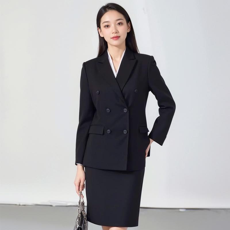 黑色职业西装套装女春秋天高级感双排扣大学生职场正装白领工作服