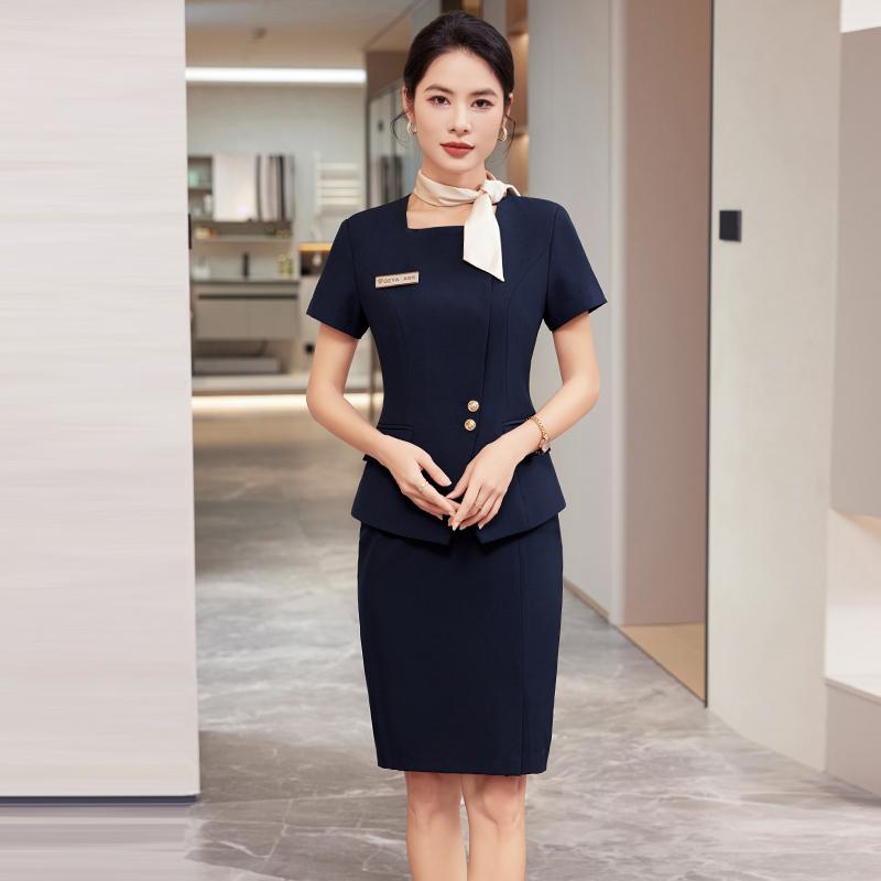 藏青色短袖西装外套女夏天高端酒店医美口腔牙科前台美容院工作服