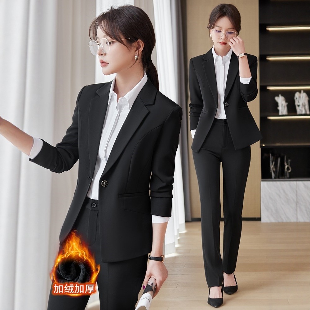 外套秋冬加绒加厚西装套装女高端职业正装气质女神黑色前台工作服