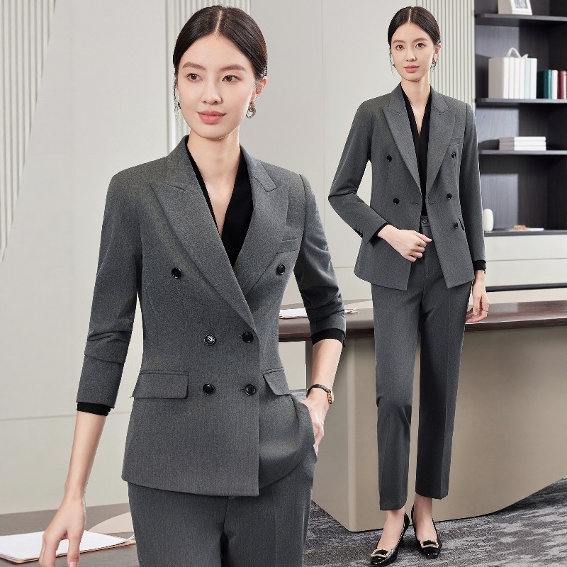 灰色女西装套装气质直筒裤女神收腰三件套正式场合职业正装工作服