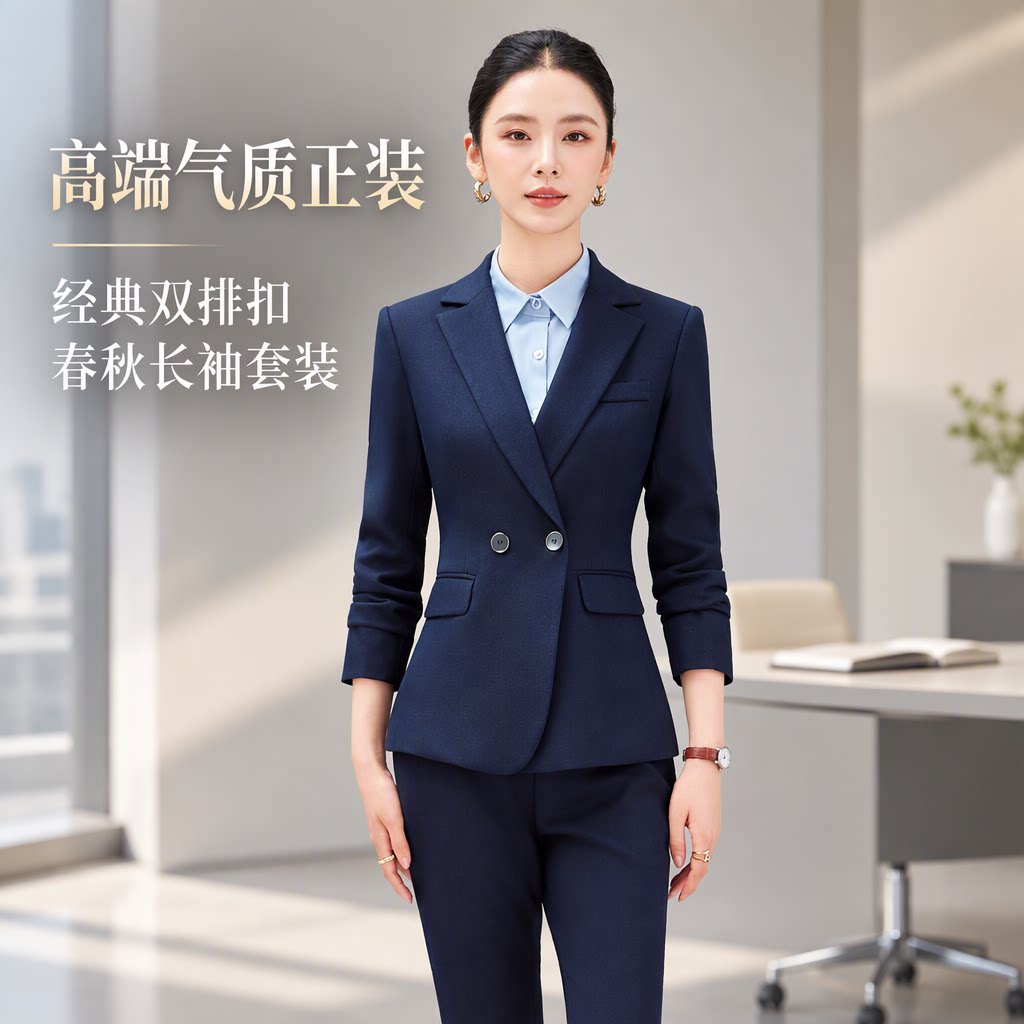 语茹菲菲深蓝色双排扣修身西装套装女春秋款职业装正装前台工作服