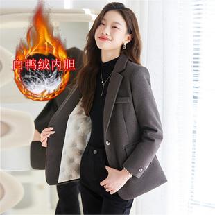 保暖深灰色女小个子加厚冬复古厚款夹棉羽绒内胆修身毛呢西装外套