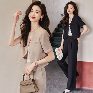 轻奢短袖小香风外套女薄款短款小个子女神名媛阔腿裤正肩夏季套装