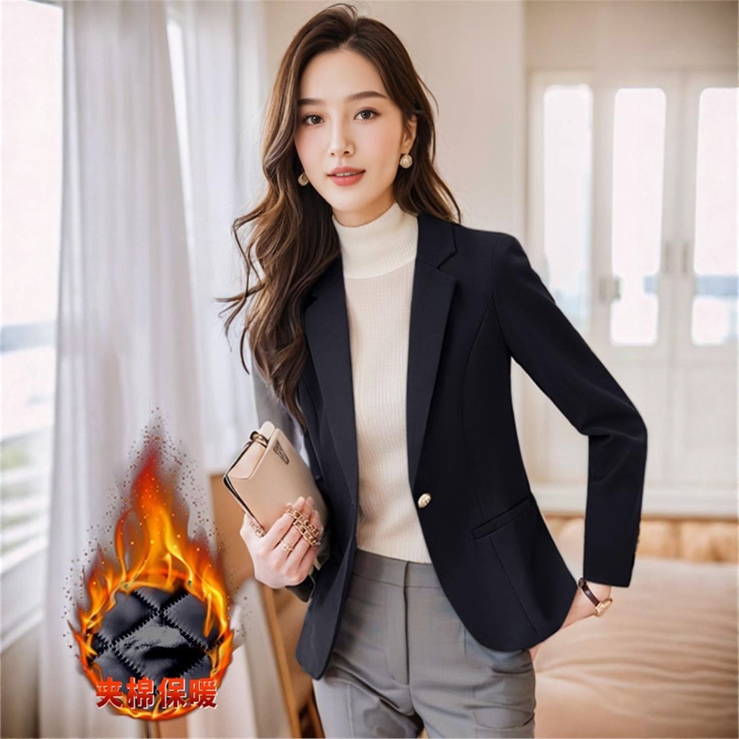 黑色西装女休闲保暖小个子秋冬气质女神夹棉加厚短款修身外套西服