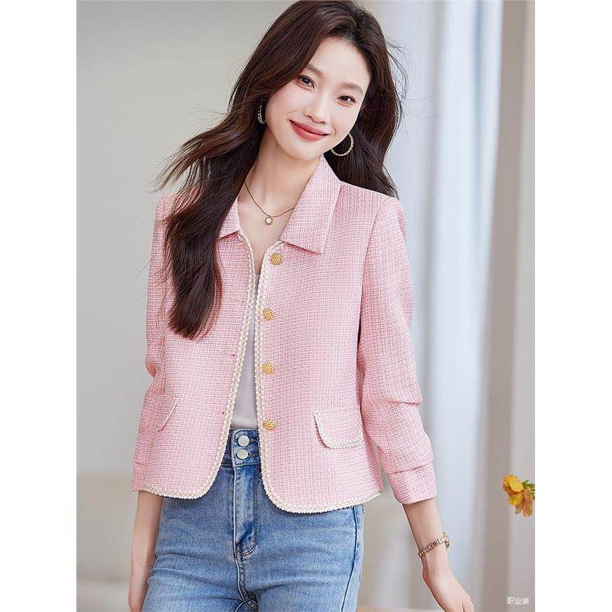 粉色小香风小西装外套女春季粗花呢小个子短款韩版休闲开衫上衣