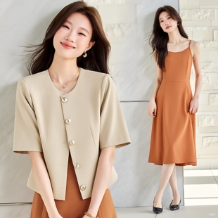 轻奢小香风开衫小个子正肩西装外套女夏通勤短款气质连衣裙两件套