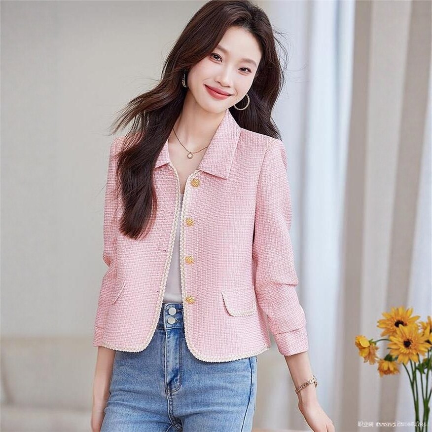 粉色西装外套女春秋季小香风小个子短款轻奢韩版休闲百搭开衫上衣